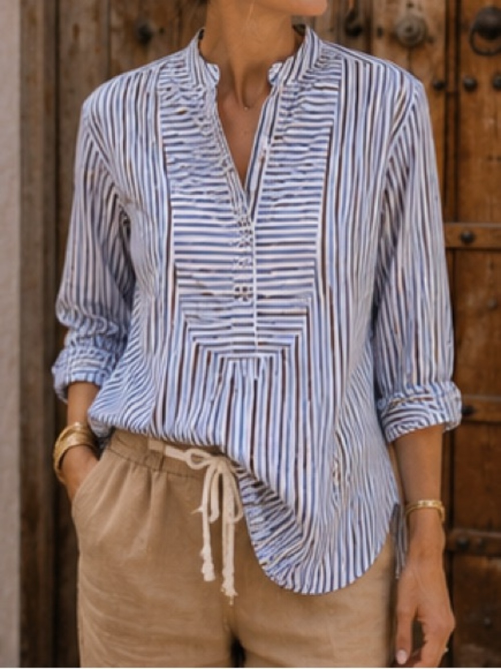Ann Mashburn Christiane Bib Front Lonh LlStripe Poplin Tunic Brown Navy White M
